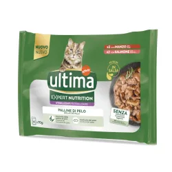 36 + 8 gratis! Ultima Cat Expert Nutrition 44 x 70 g - Hairball Rind & Lachs