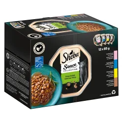 Multipack Sheba Varietäten Schälchen 12 x 85 g - Sauce Lover (Lachs; Thunfisch; Huhn; Ente)