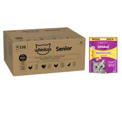 Whiskas Megapack Nassfutter + Knuspertaschen mit Huhn und Käse 180 g gratis! - Senior Geflügel Auswahl in Gelee 120 x 85 g