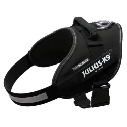 Sparset! JULIUS-K9 IDC®-Powergeschirr - schwarz + JULIUS-K9® Doppel-Führleine gummiert - Grösse 0 + 220 cm Leine (bis 50 kg)