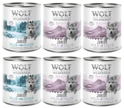 Sparpaket Wolf of Wilderness Junior 24 x 800 g - Duo-Protein - Mix (16x Ente & Kalb / 8x Huhn & Lachs)