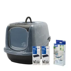 Savic Katzentoilette Nestor Jumbo Marble - Starterset: Toilette marmor anthrazit-weiss/ schwarz + 2 extra Filter + 6 Bag it up