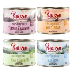 Purizon Original 12 x 200 g - getreidefrei - Mixpaket (4 x Lachs, 4 x Wildschwein, 2 x Lamm & Lachs, 2 x Lachs & Pute)