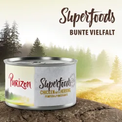 Purizon Superfoods 24 x 140 g - Mixpaket (8x Huhn, 8x Thunfisch, 4x Wildschwein, 4x Wild)