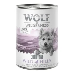 Sparpaket Wolf of Wilderness Junior 24 x 400 g - Duo-Protein - Wild Hills - Ente & Kalb