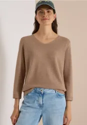 3/4-Arm Pullover mit V-Neck und Strukturfront