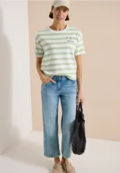 Cecil Kurzarmshirt Sommershirt mit Streifen und Wording-Detail