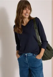 3/4-Arm Shirt in Unifarbe mit V-Neck
