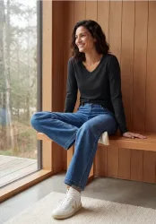 Langarm Shirt in Unifarbe mit V-Neck