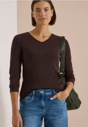 Langarm Shirt in Unifarbe mit V-Neck
