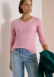 Langarm Shirt in Unifarbe mit V-Neck