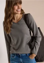 Langarm Shirt in Unifarbe mit V-Neck