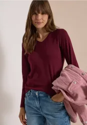 Langarm Shirt in Unifarbe mit V-Neck
