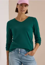 Langarm Shirt in Unifarbe mit V-Neck