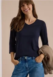 3/4-Arm Shirt in Unifarbe mit V-Neck