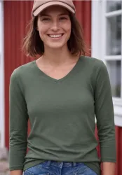 3/4-Arm Shirt in Unifarbe mit V-Neck