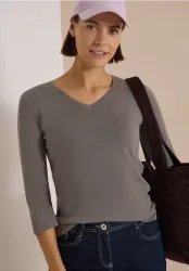 3/4-Arm Shirt in Unifarbe mit V-Neck