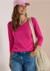 3/4-Arm Shirt in Unifarbe mit V-Neck