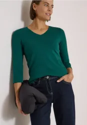 3/4-Arm Shirt in Unifarbe mit V-Neck