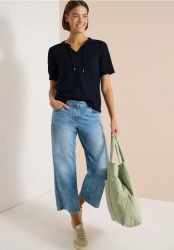 Kurzarm Bluse mit Split Neck und Bändern