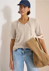 Kurzarm Bluse mit Split Neck und Bändern
