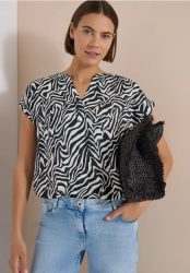 Cecil Shirtbluse Sommerbluse mit Split Neck und Zebra-Print