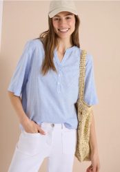Kurzarm Bluse mit Split Neck und Streifen