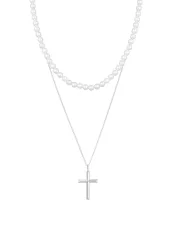 Kuzzoi - Halskette Muschelkernperlen Kreuz Klassik 2Er Set 925 Silber, 45cm