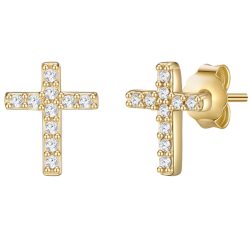 Lulu & Jane Ohrstecker Kreuz aus Messing in Gelbgold mit Zirkonia Ohrringe 1 ct Damen