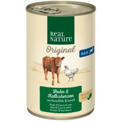 REAL NATURE Original Nassfutter für Hunde Adult Kalbsherzen und Huhn 24x400 g