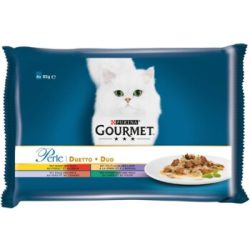 GOURMET PERLE DUETTO Erlesene Streifen in Sauce Katzennassnahrung für ausgewachsene Katzen mit Huhn und Rind, Truthahn und Lamm, Kalb und Ente, Kaninchen und Wild, 4x85g Portionsbeutel