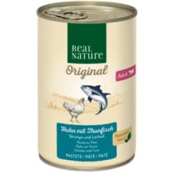 REAL NATURE Original Nassfutter Katze, Adult, Huhn mit Thunfisch, Shrimps und Lachsöl 6x400 g