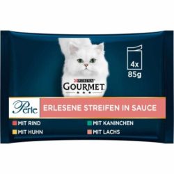 GOURMET PERLE Nassfutter Katze, Adult, Erlesene Streifen in Sauce, Rind, Huhn, Kaninchen und Lachs 4x85 g