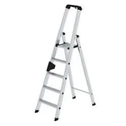 Munk Stufen-Stehleiter, Aluminium, einseitig begehbar, geriffelte Stufen, bis 150 kg, nivello® Leiterschuhe, 5 Stufen