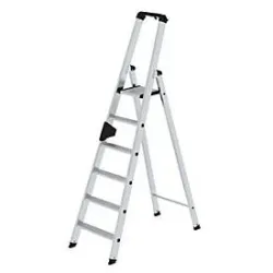 Munk Stufen-Stehleiter, Aluminium, einseitig begehbar, geriffelte Stufen, bis 150 kg, nivello® Leiterschuhe, 6 Stufen