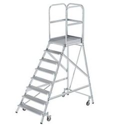 Podesttreppe einseitig begehbar mit Federrollen Aluminium geriffelt 8 Stufen