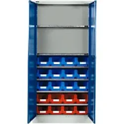 Materialschrank mit 20 Sichtlagerkästen LF 321, H 1935 mm, lichtgrau,enzianblau