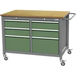 Mobile Werkbank Bedrunka+Hirth, Buche-Multiplex-Arbeitsplatte, 6 Schübe, 2 Fachböden, Schiebegriff, abschliessbar, bis 500 kg, B 1250 x T 750 x H 935 mm