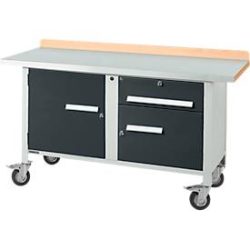 Mobile Werkbank Schäfer Shop Select PWi 150-3, Buche-Dekor Multiplexplatte, mit Stahlabdeckung, bis 400 kg, B 1500 x T 700 x H 840 mm