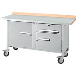 Mobile Werkbank Schäfer Shop Select PWi 150-3, Buche-Dekor Multiplexplatte, mit Stahlabdeckung, bis 400 kg, B 1500 x T 700 x H 840 mm