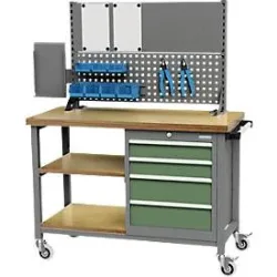 Mobile Kastenwerkbank Bedrunka+Hirth, Buche-Multiplex-Arbeitsplatte, 4 Schübe, 2 Fachböden, Schiebegriff, abschliessbar, bis 400 kg, B 1200 x T 540 x H 880 mm