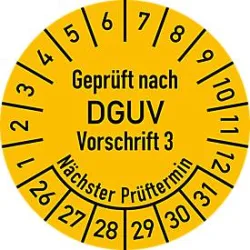 moedel Prüfplakette DGUV V3 2026?2031, Folie, gelb, Ø 20 mm ? 500 Stück/Rolle, wasserfest