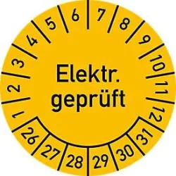 moedel Prüfplaketten Elektr. geprüft 2026?2031, Folie, Ø 30 mm, 10 Stück/Bogen, für elektrische Geräte