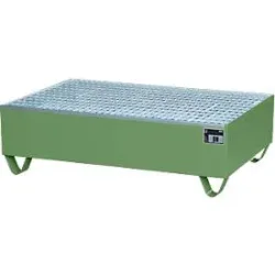 Auffangwanne, für 2 Fässer à 200 l, mit verzinktem Gitterrost, L 1200 x B 800 x H 360 mm, unterfahrbar, Stahl, resed.grün RAL 6011