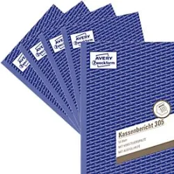 Avery® Zweckform Kassenbericht 305-5, A5 Hochformat, mit Ausfüllhilfe, ohne Durchschläge, perforiert & gelocht, Papier, weiss, 5 Bücher mit 50 Blatt