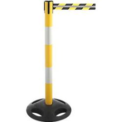 Absperrpfosten RS-Guidesystems® GLA 25, gelb-weiss, Gurtband gelb-schwarz/reflektierend, ausziehbar bis 3,5 m, Ø 410 x H 1000 mm, Gummi & Kunststoff, 1 Stück