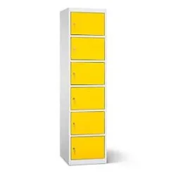 Akku Ladeschrank, 6 Abteile mit Zylinderschloss, CH-Stecker, Stahlblech lichtgrau RAL 7035/verkehrsgelb RAL 1023