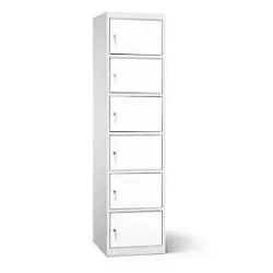 Akku Ladeschrank, 6 Abteile mit Zylinderschloss, CH-Stecker, Stahlblech lichtgrau RAL 7035/reinweiss RAL 9010