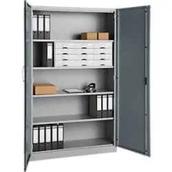 Büroschrank, 5 OH, abschliessbar, mit aufliegenden Türen, B 1200 mm, Basaltgrau/Weissalu