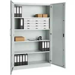 Büroschrank, 5 OH, abschliessbar, mit aufliegenden Türen, B 1200 mm, Lichtgrau